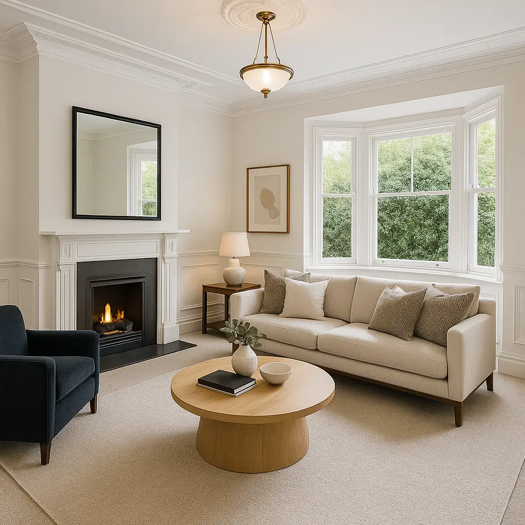 Woollahra living room renovation with fireplace and bay window
