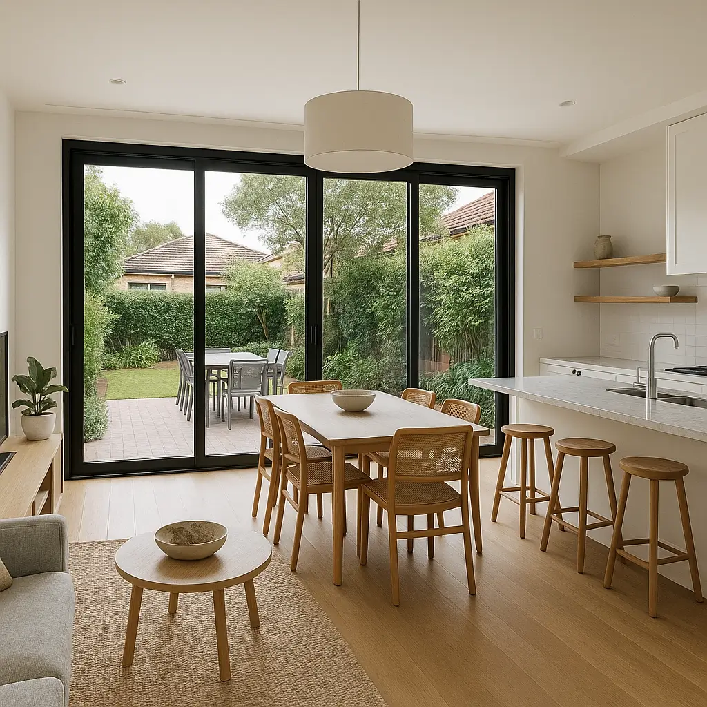Open plan dining and kitchen renovation with indoor-outdoor flow in the Inner West