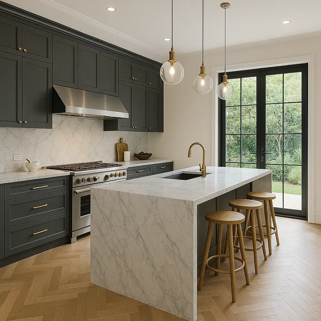 Kitchen renovation in Mosman with dark cabinets and marble island