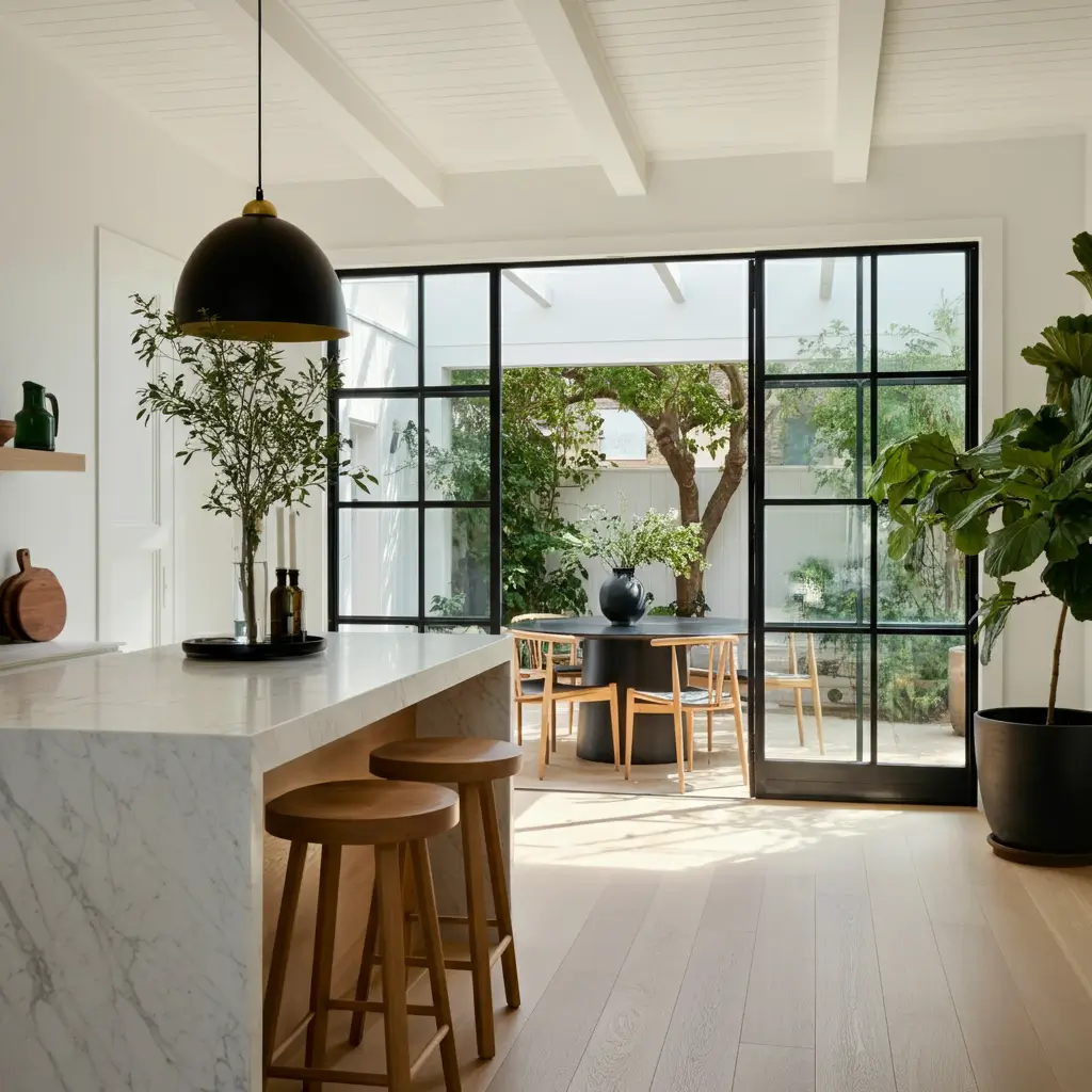 Bright, modern kitchen with large metal frame doors onto an undercover patio with dining table
