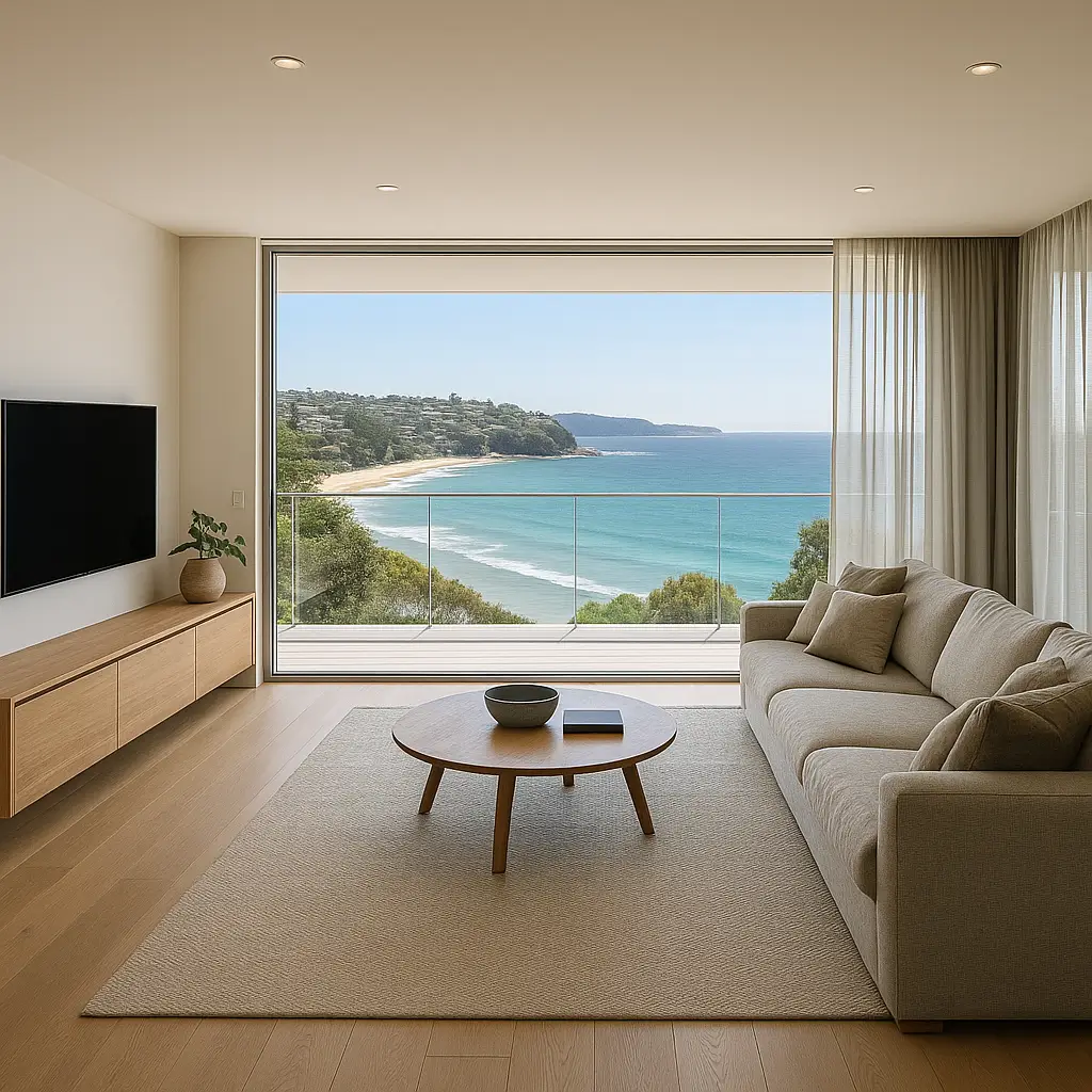 Coastal home living room renovation with ocean views in Fairlight