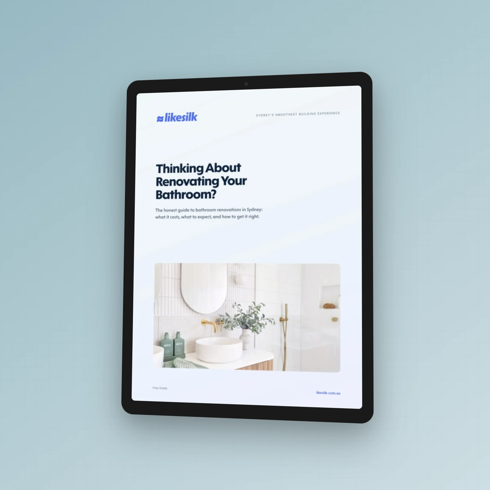 LikeSilk bathroom renovation guide displayed on tablet against light grey background