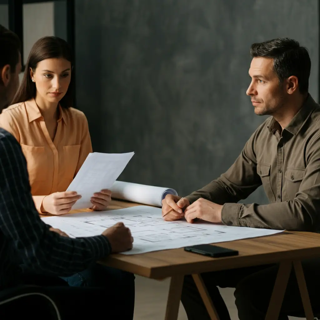 Three people discussing architectural plans at a table in a modern office