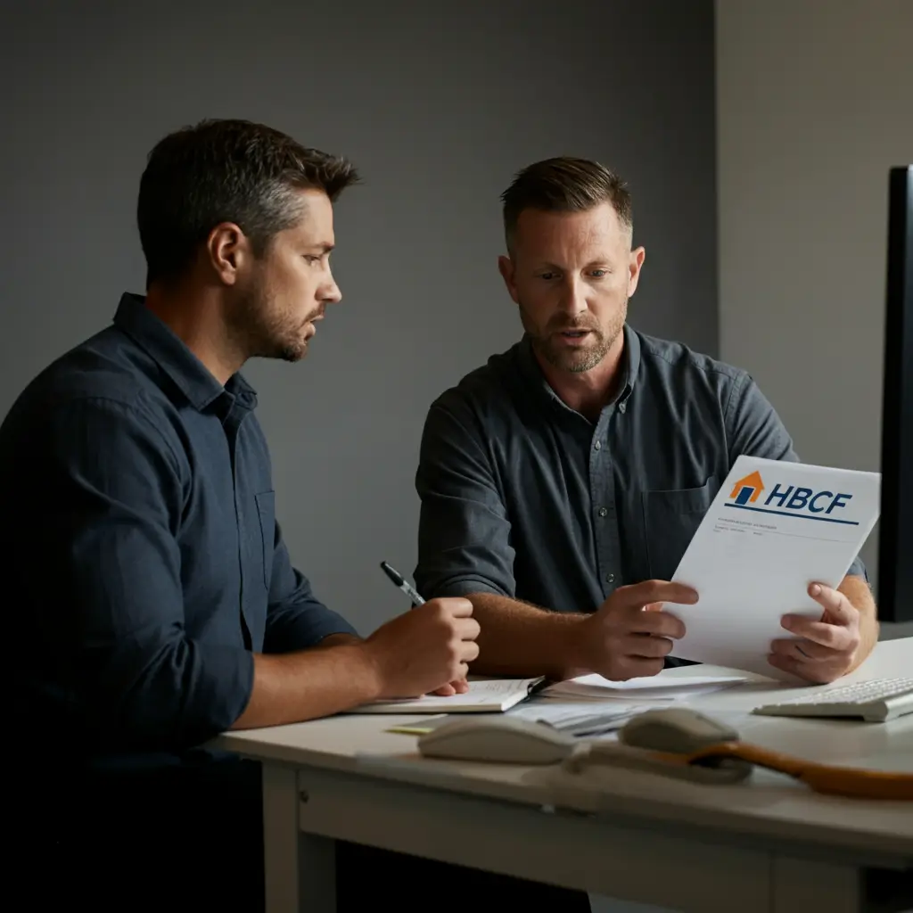 Two men reviewing an HBCF document at an office desk