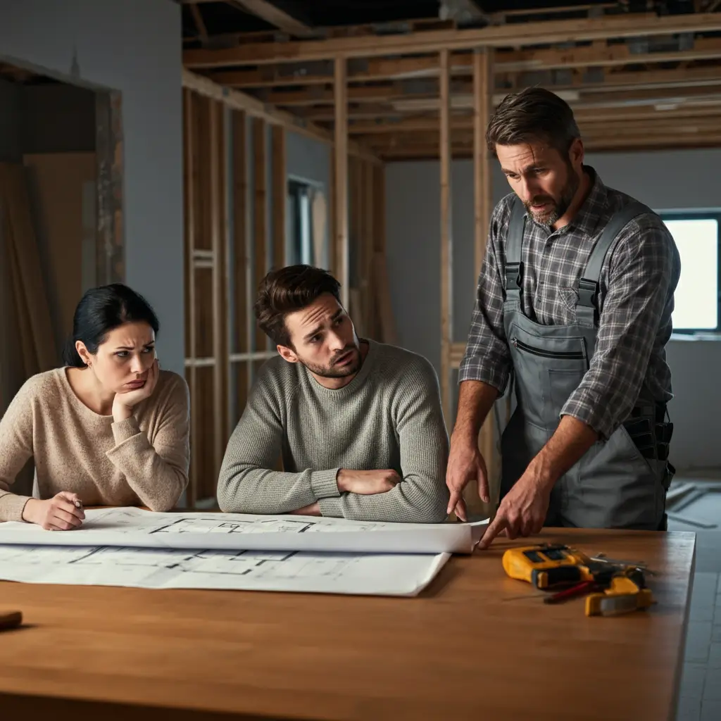 Builder explaining a construction blueprint to a couple at a table on a building site