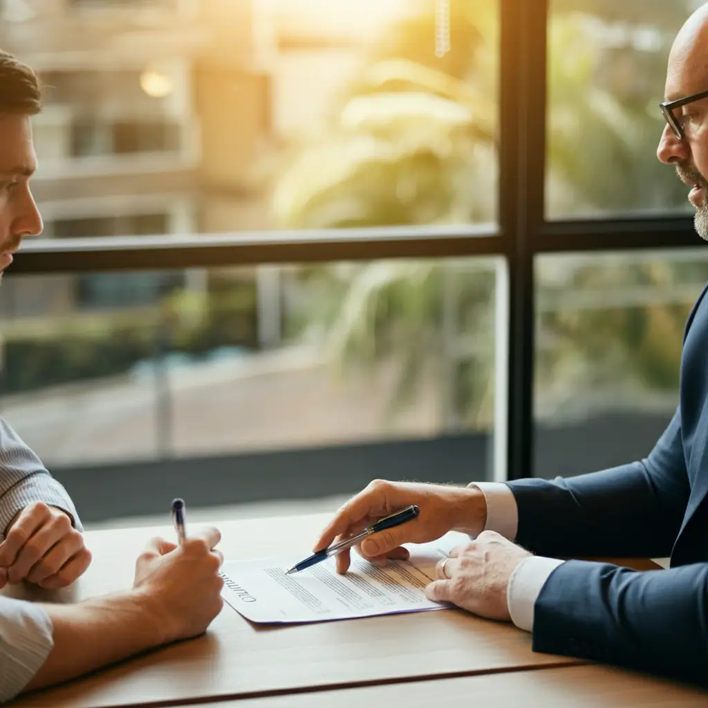 Two men at a consultation meeting, one signing a document in a modern office
