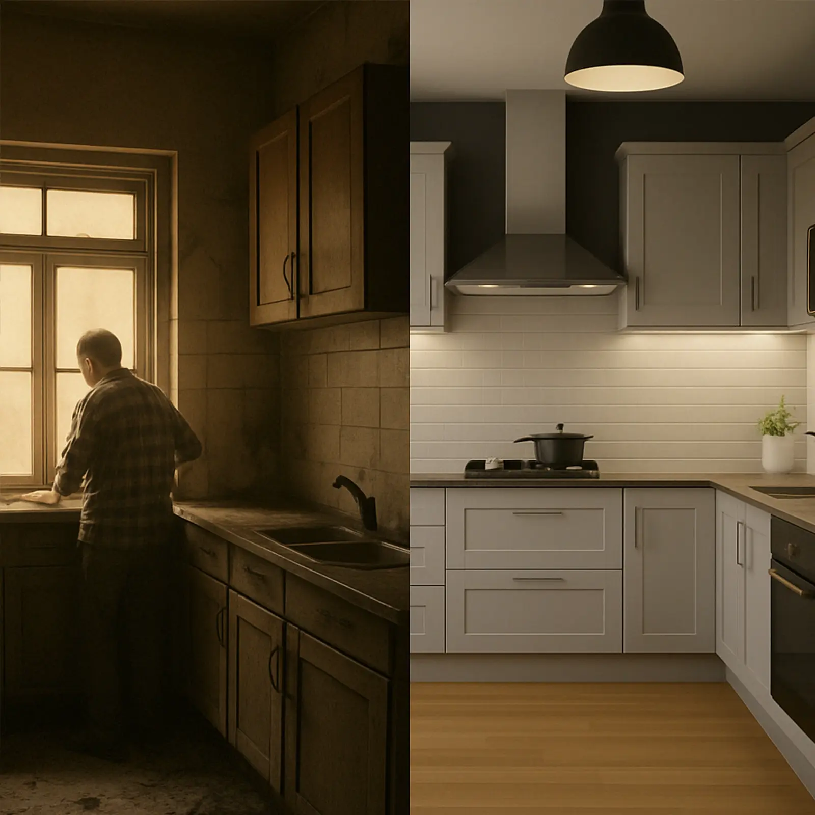 Kitchen transformation from worn-out to sleek modern design with grey cabinetry