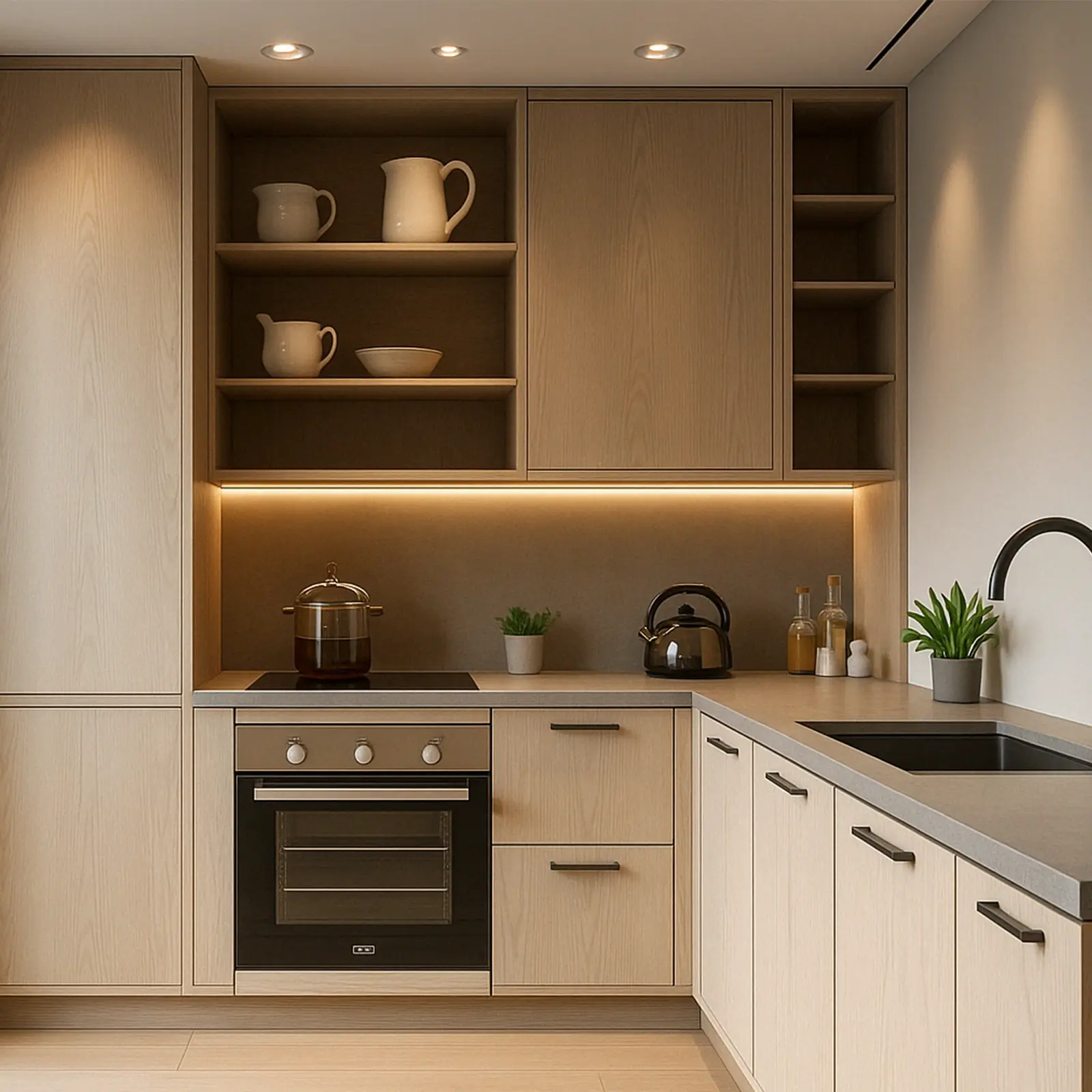 Compact kitchen with light timber cabinetry, open shelving, and soft under-cabinet lighting