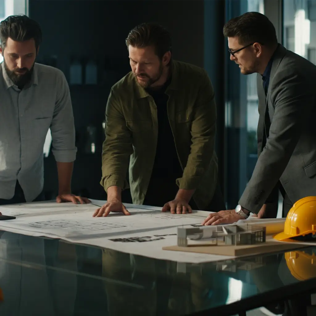 Three men discussing architectural blueprints with a construction model on the table