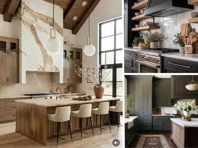 Luxury kitchens featuring marble benchtops, feature lighting, and custom timber details