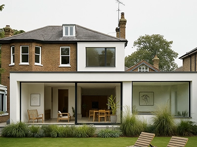 Rear view of a brick heritage home with flat roof modern extension and large glass doors