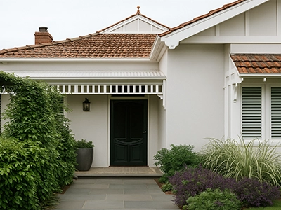 Traditional white Sydney home with red tile roof, gable, and front verandah entry