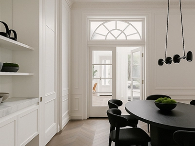 Open plan living space with modern kitchen, timber floors and dining area