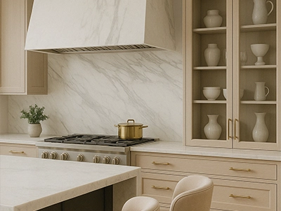 Luxury beige kitchen with marble rangehood, glass cabinets, and brass hardware