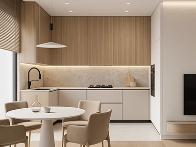 Rendered view of updated rental home with kitchen, bathroom and flooring upgrades