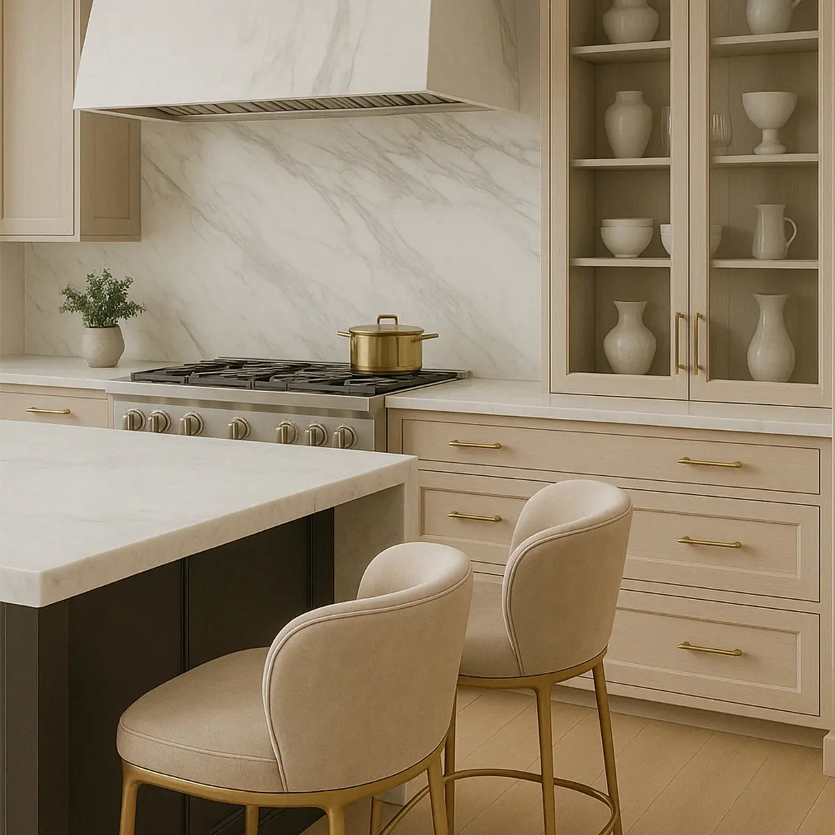 Luxury beige kitchen with marble splashback, brass hardware, and upholstered bar stools