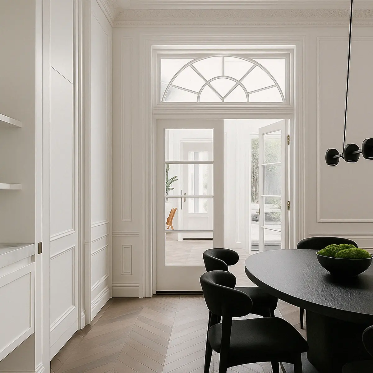 Classic dining room with archway and traditional ceiling moulding
