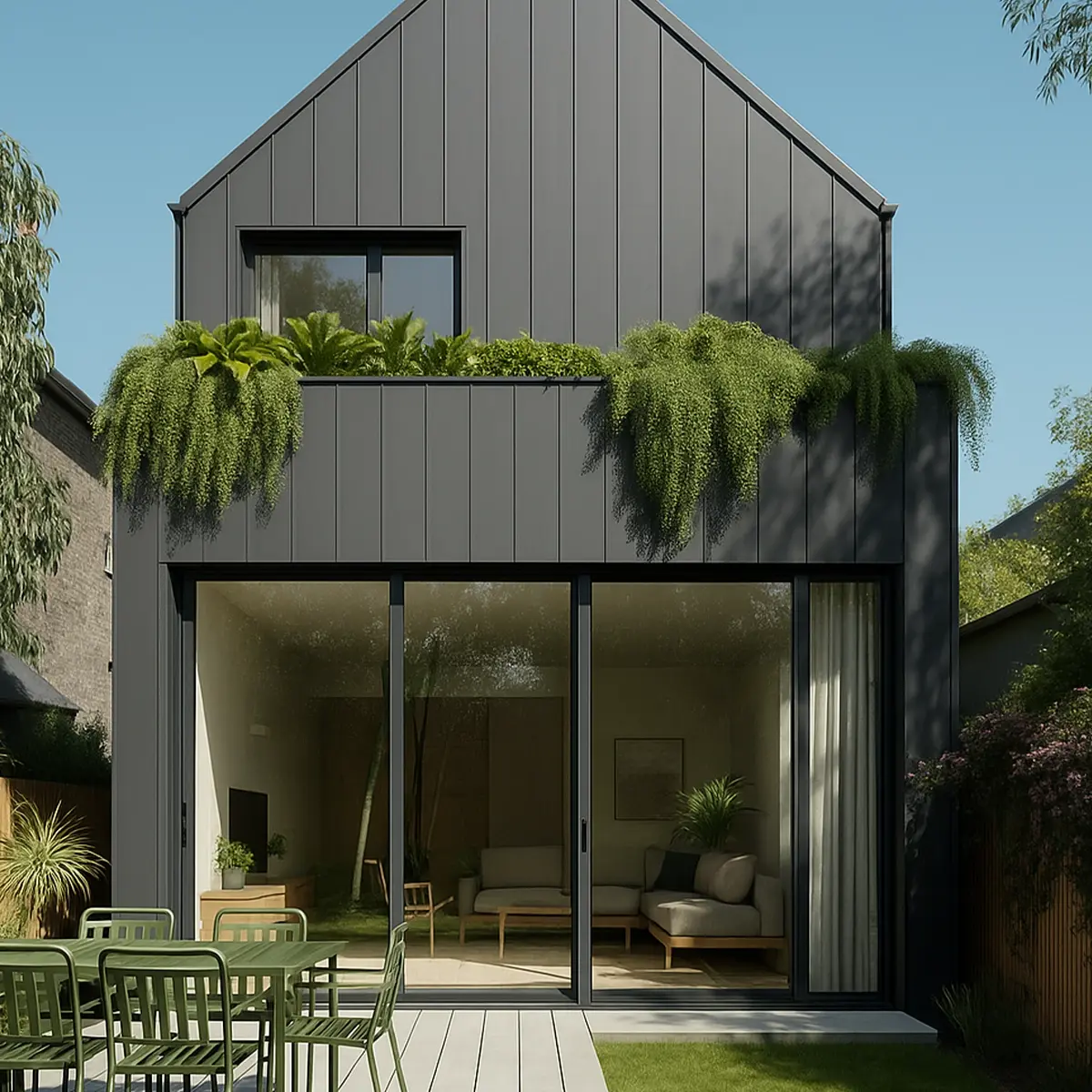 Black modern cladding extension with balcony and hanging plants