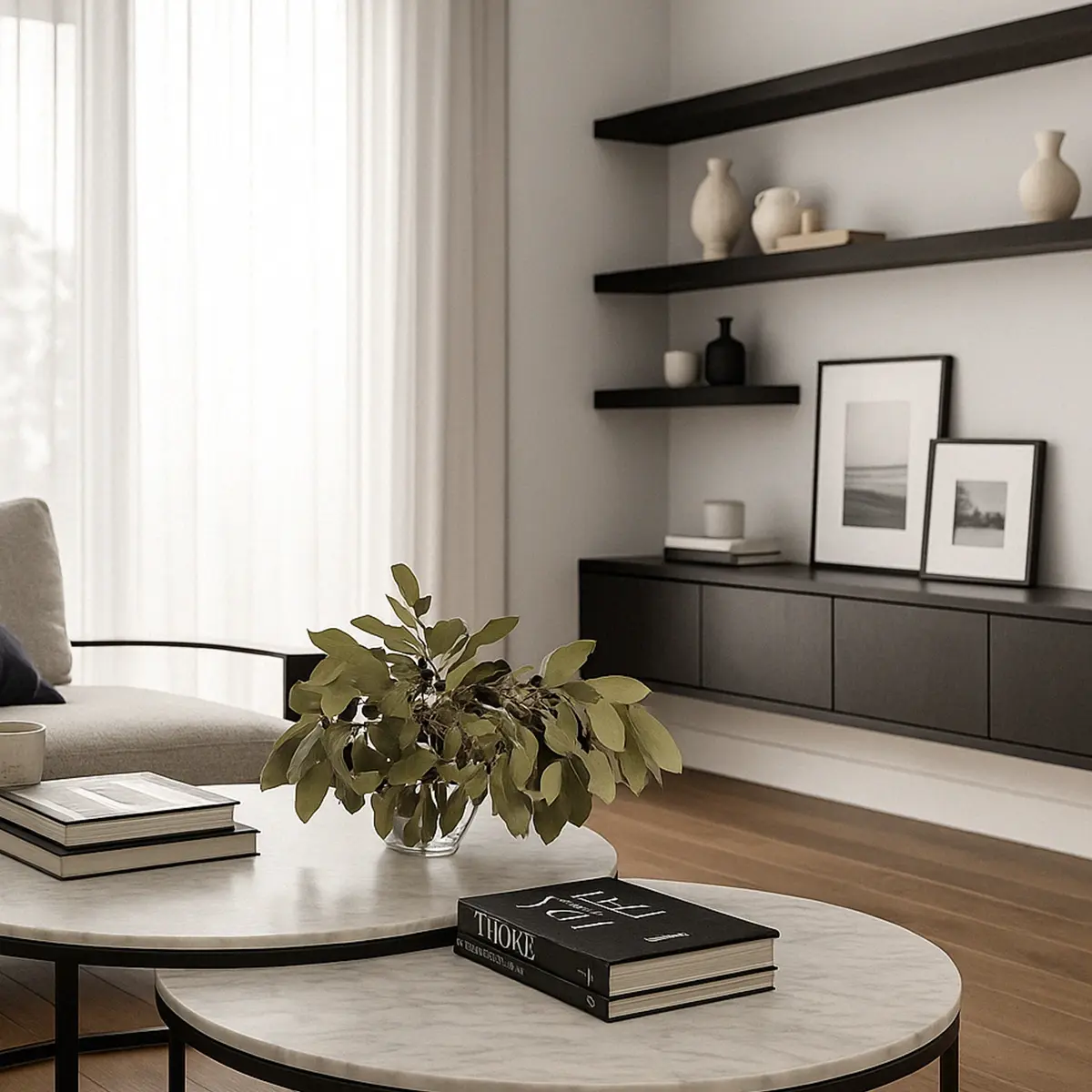 Contemporary living room with marble tables, floating shelves and soft sheer curtains