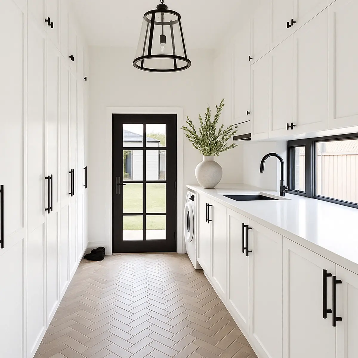 Modern laundry with white joinery and ample bench space
