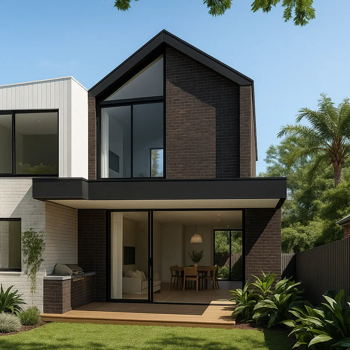 Gable roof knockdown rebuild with black brick and light cladding