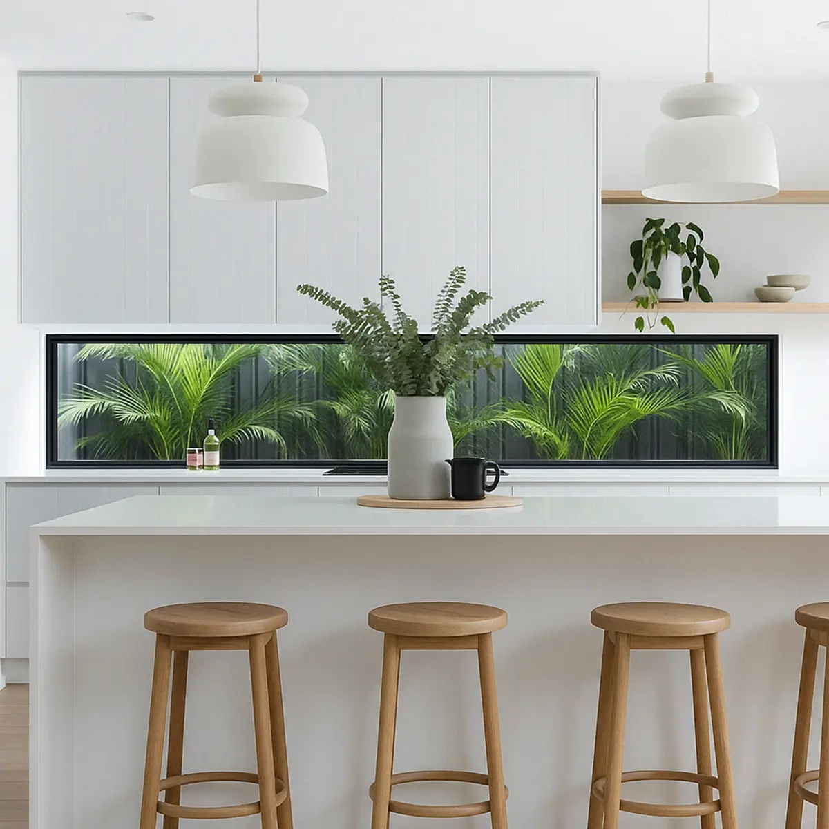 Coastal-style white kitchen with garden outlook and timber floors