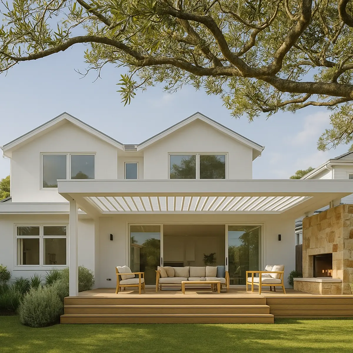 Modern white home with pergola, timber deck and backyard view
