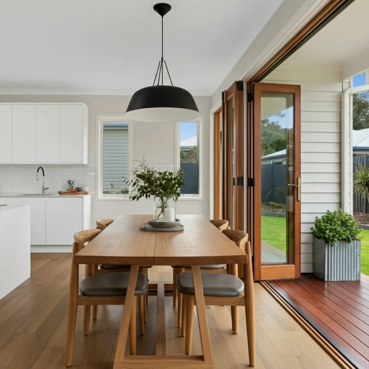 Bright modern kitchen with timber dining table, white cabinetry, and garden access