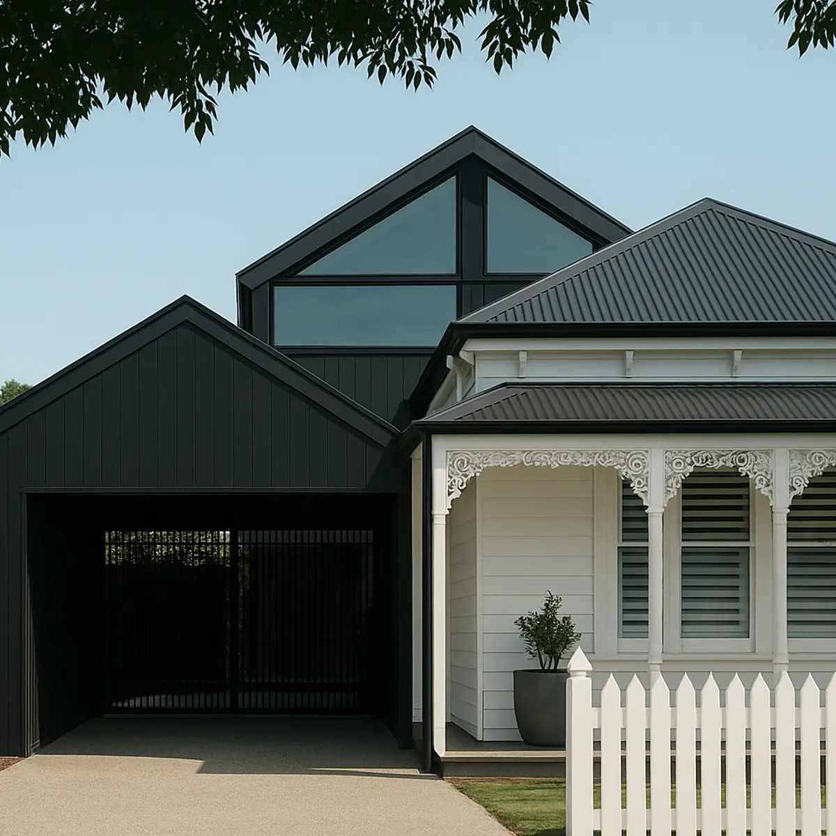 Rear view of two-storey brick home with glass modern extension