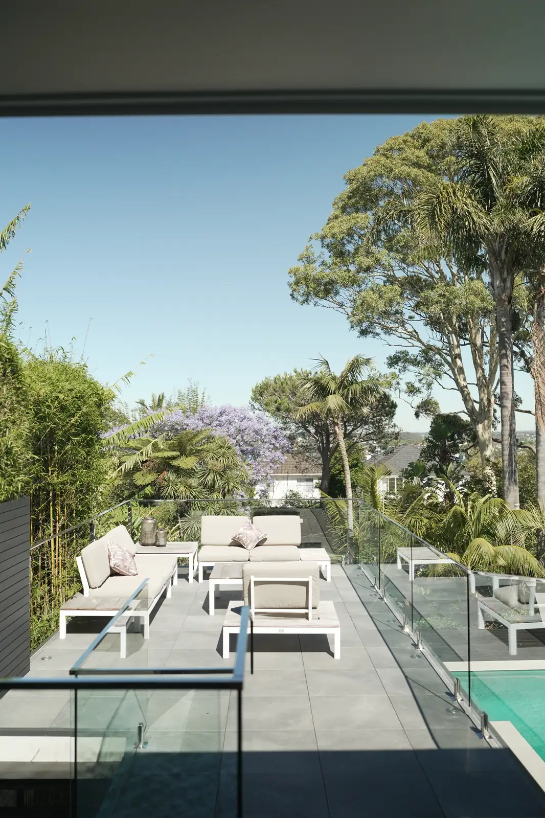 Upper Balgowlah Heights balcony looking out to palms, jacaranda and the pool below after refurbishment