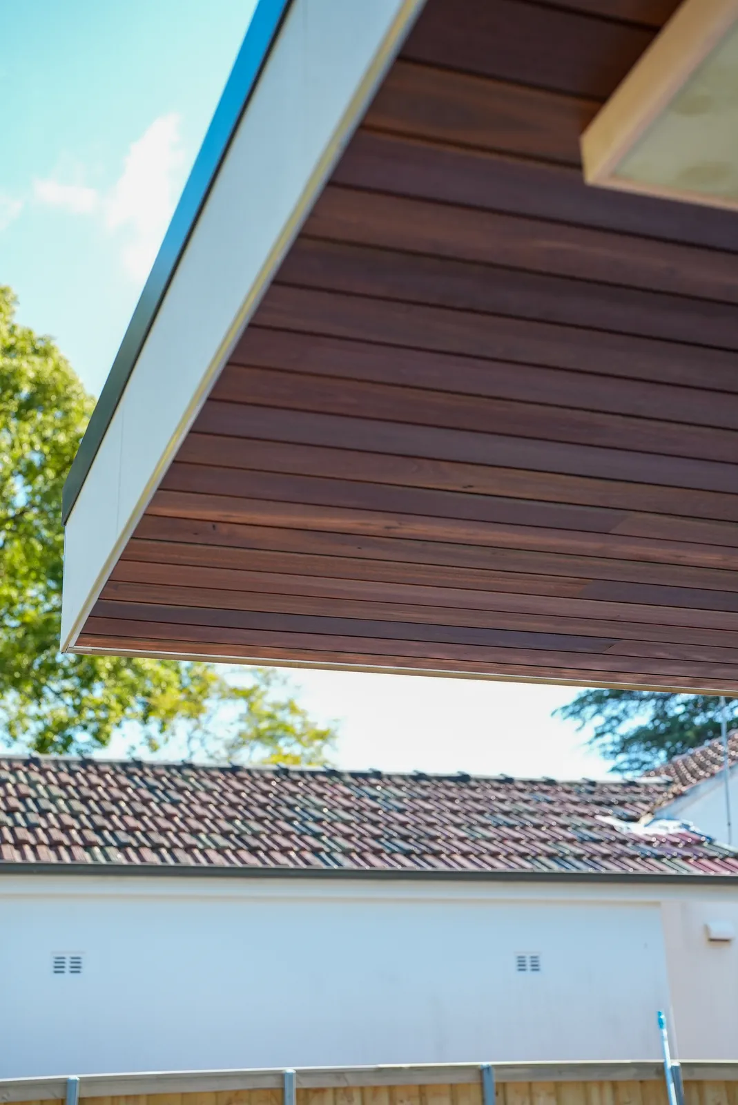 Trendplank spotted gum ceiling lining completed to the underside of the cantilevered cabana roof