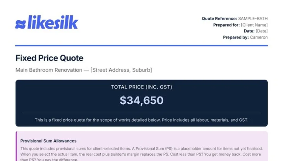 LikeSilk fixed price renovation quote with detailed scope of works