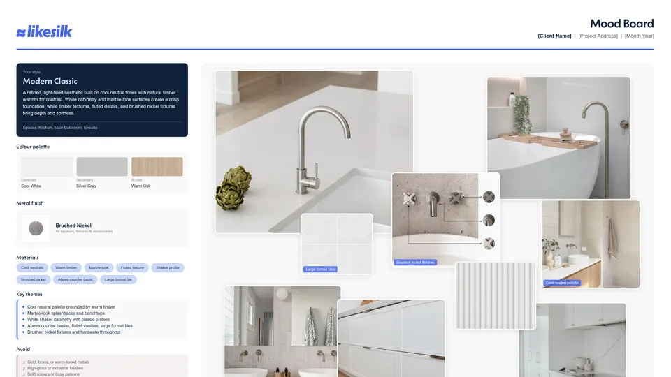 LikeSilk renovation mood board with material selections and design direction