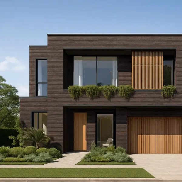 Custom knockdown rebuild with dark brick and timber accents