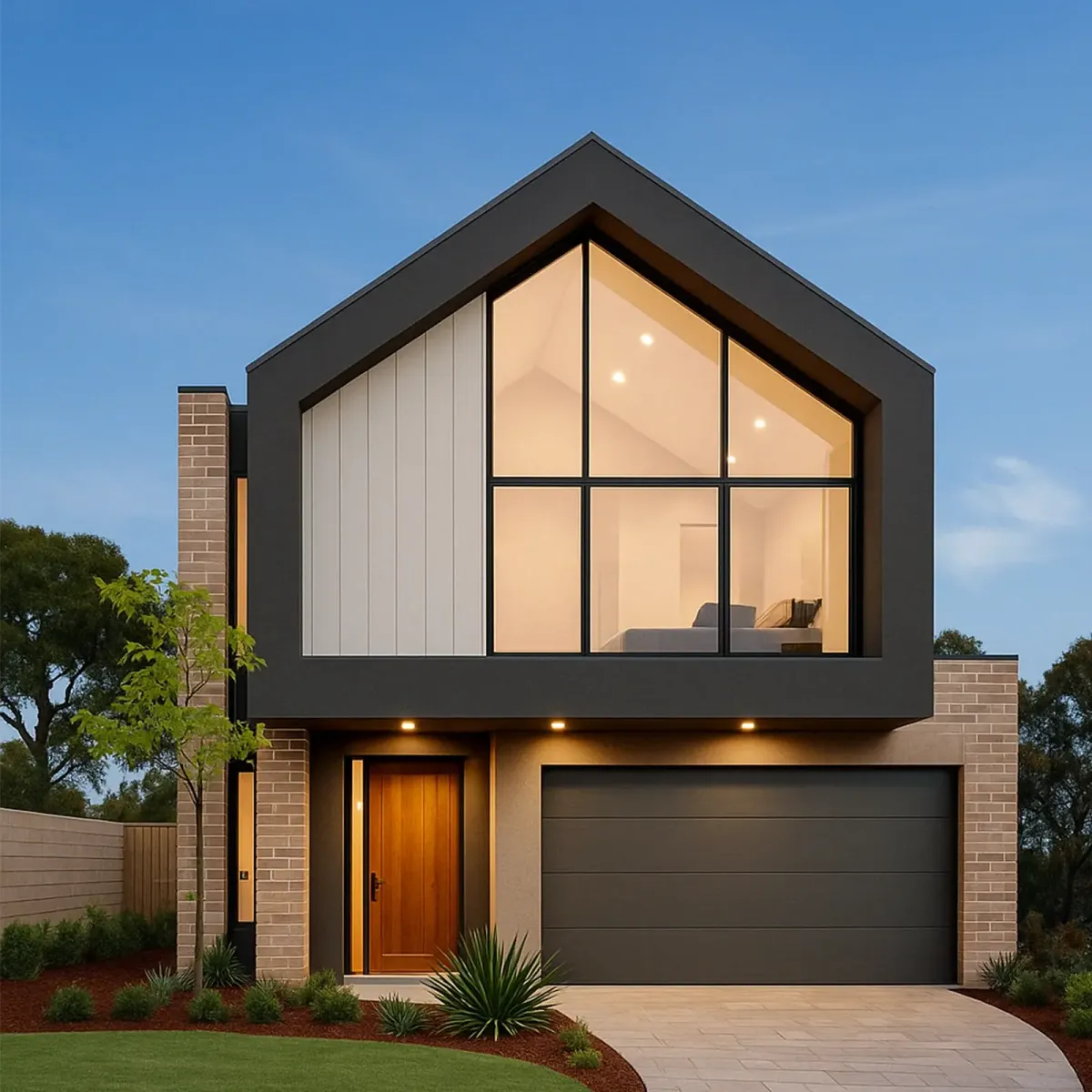 Modern gable front knockdown rebuild with brick and black cladding in Sydney