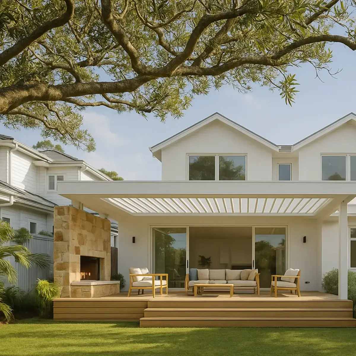 White gabled home with modern rear extension