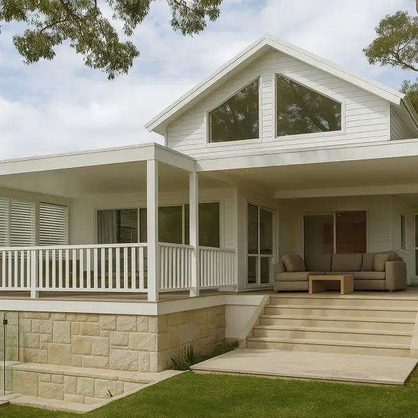 Front view of modern white two-storey home with landscaped path