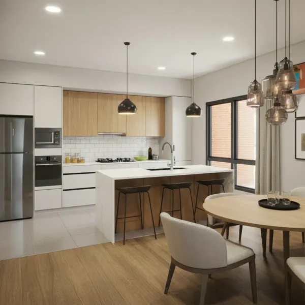 Scandinavian-style kitchen with oak cabinetry, pendant lights, and round dining table