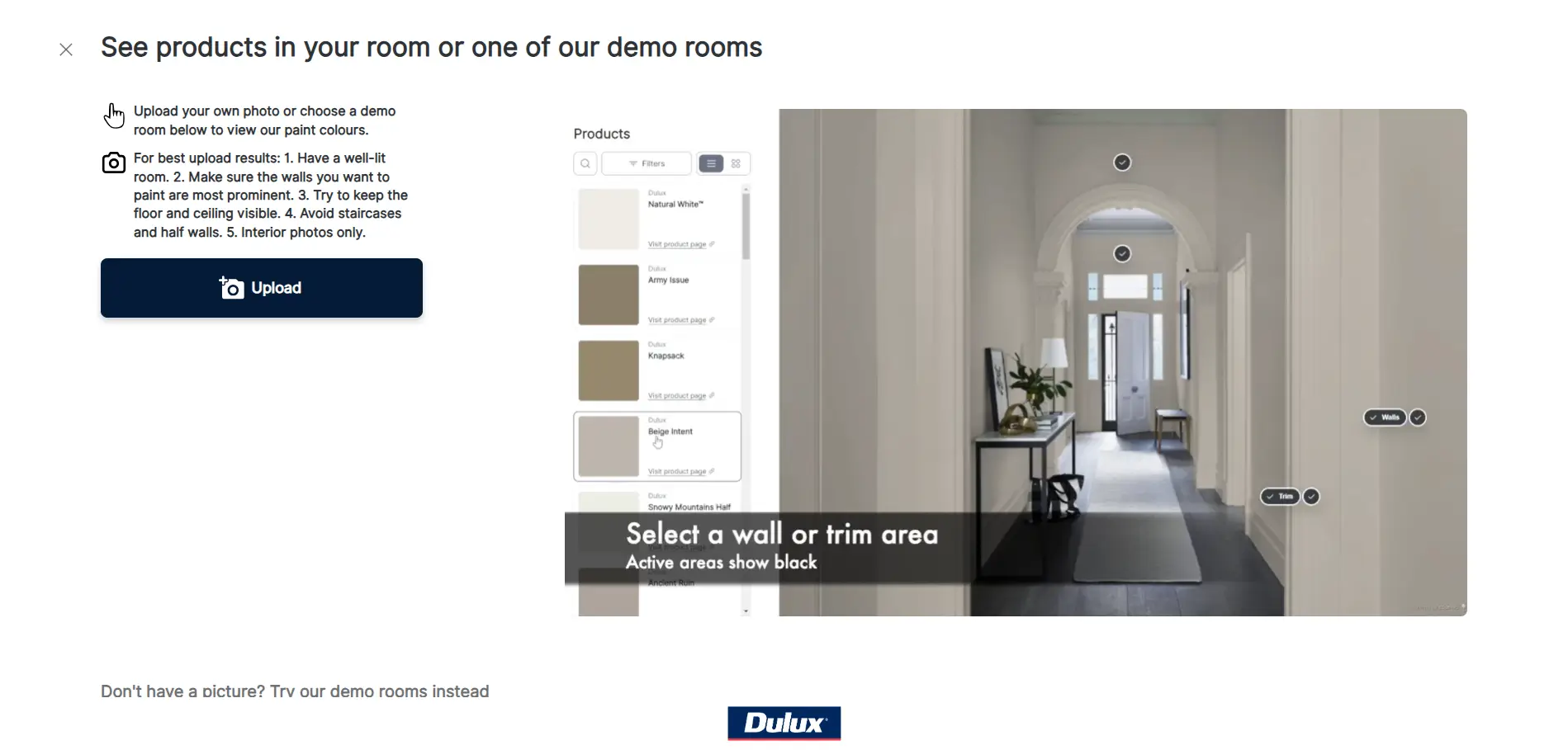Dulux Colour Visualiser tool showing paint colours applied to a room