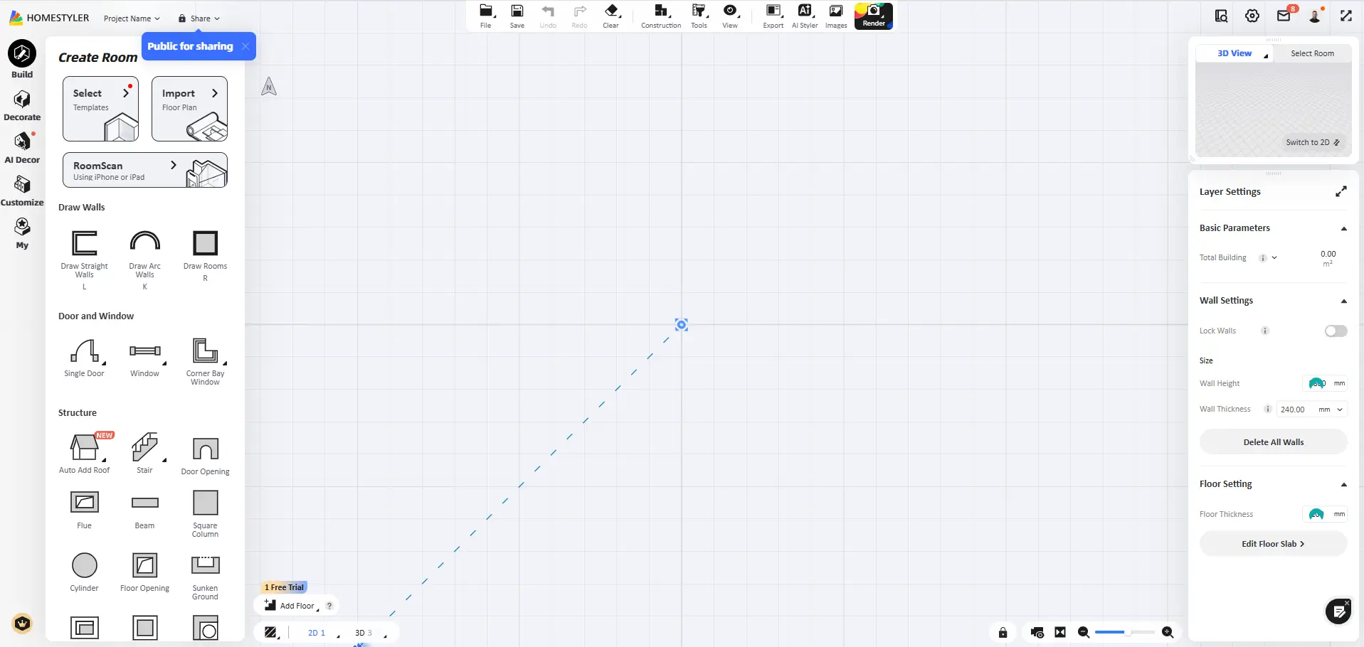 Homestyler 3D floor planner showing a room layout